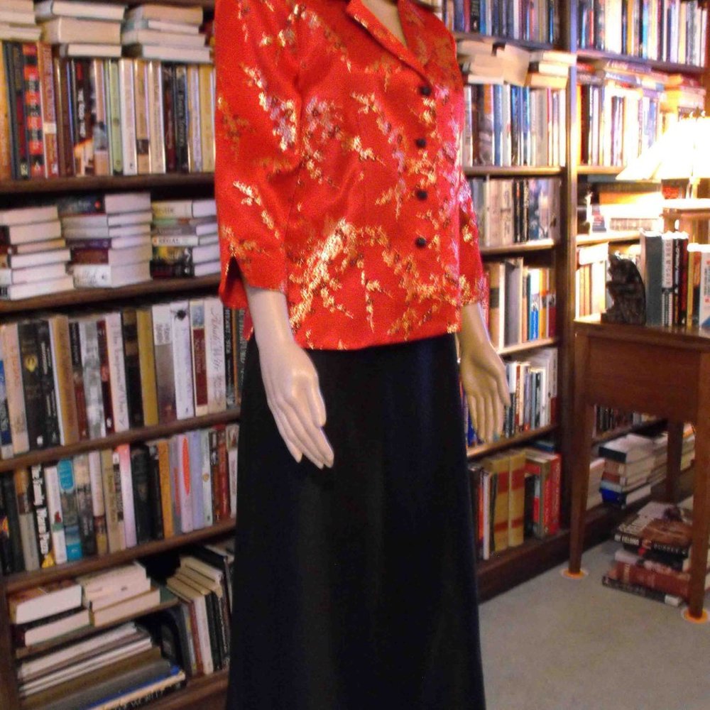 RED SATIN JACKET, FULL-LENGTH BLK SATIN SKIRT 10